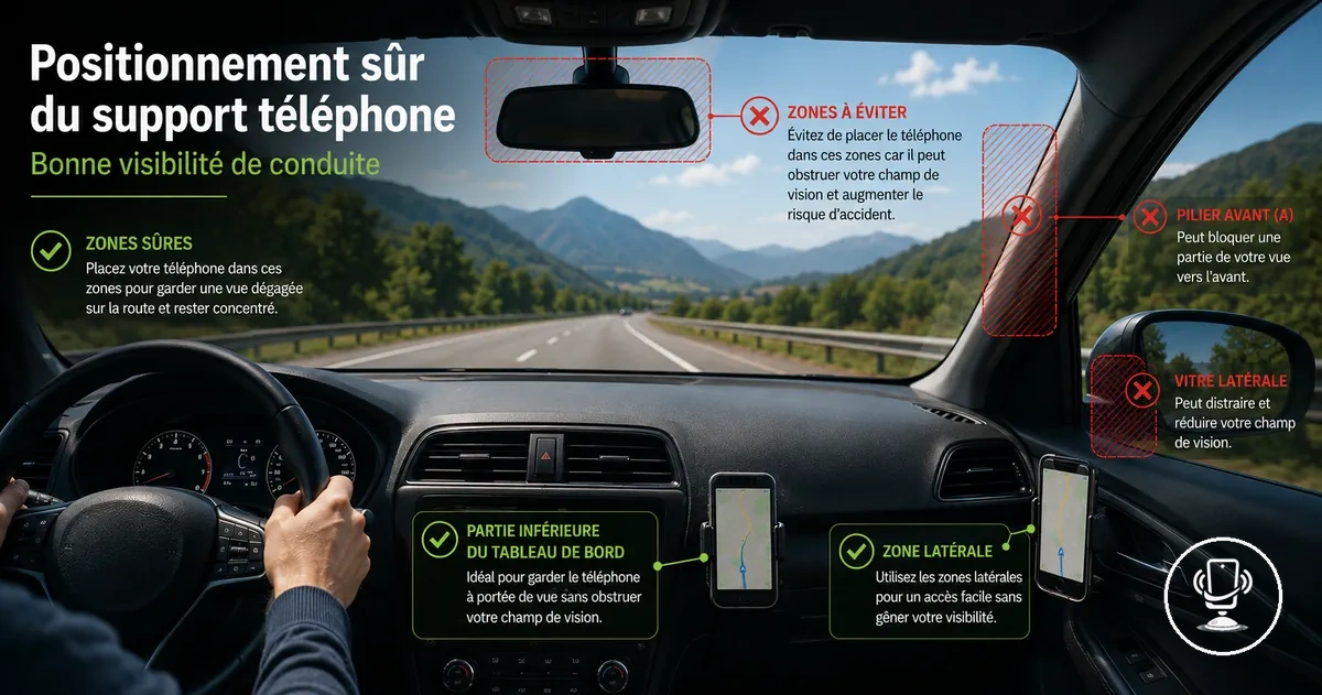Positionnement sécurisé d’un support téléphone voiture sans obstruction de la visibilité du conducteur