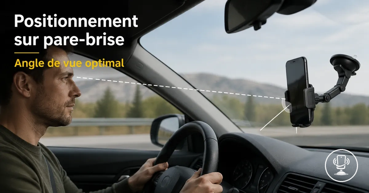 Support téléphone à ventouse sur pare-brise positionné pour un angle de vue optimal dans la voiture