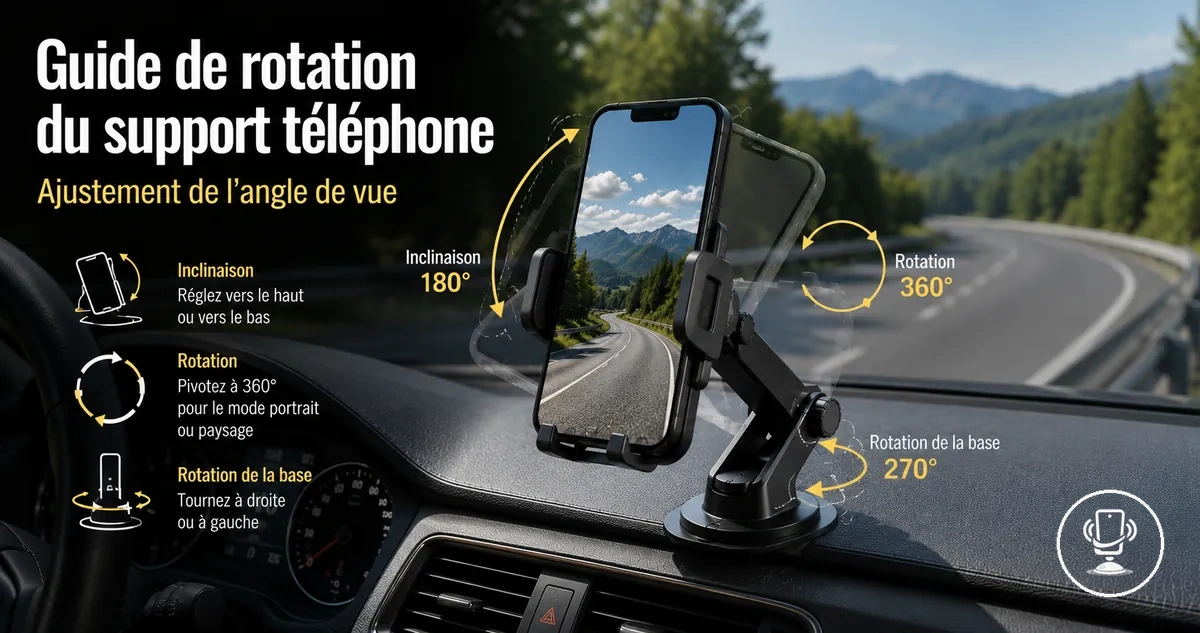 Support téléphone voiture réglable montrant les angles de rotation et l’ajustement de la position de vue