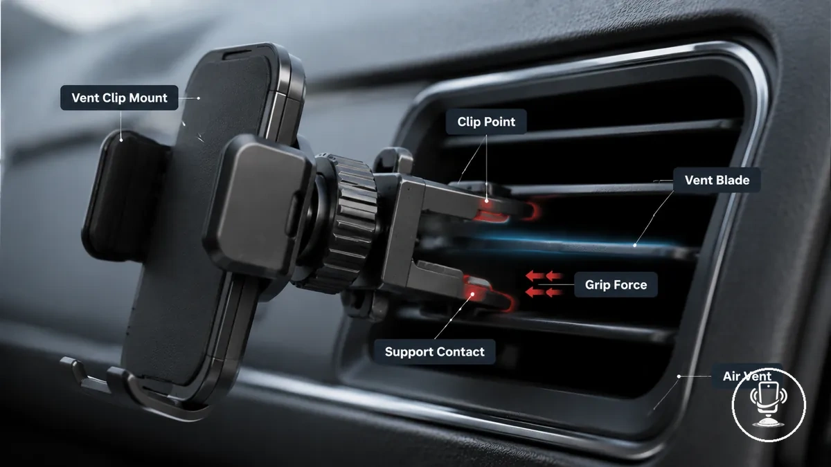 Fixation d un support à clip sur grille de ventilation avec contact du clip et de la lamelle indiqué