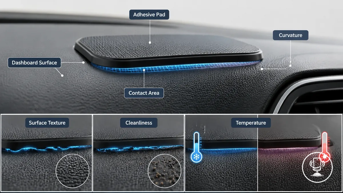 Gros plan du contact du tampon adhésif d'un support téléphone tableau de bord sur une surface texturée