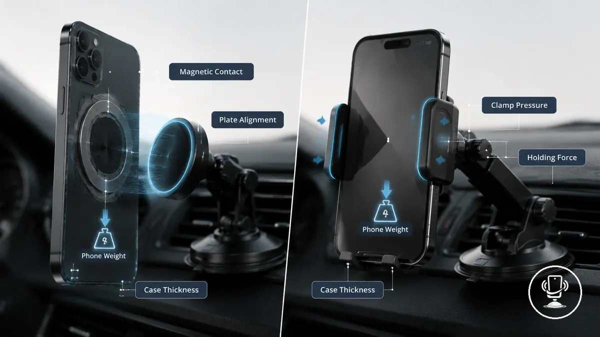 Comparaison des supports téléphone magnétiques et à pince montrant les mécanismes de maintien et les méthodes de fixation
