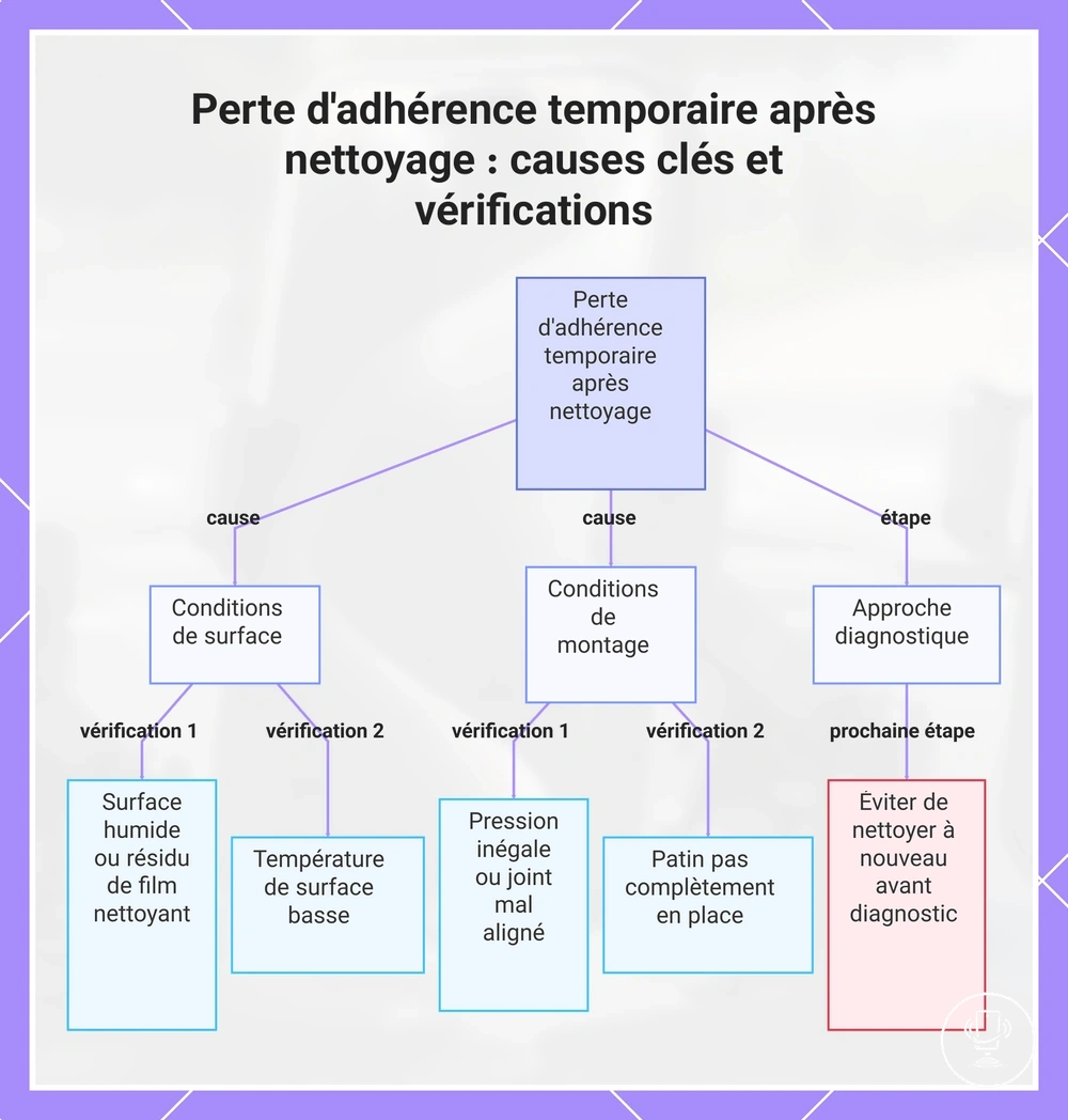 Perte d'adhérence temporaire après nettoyage : causes clés et vérifications