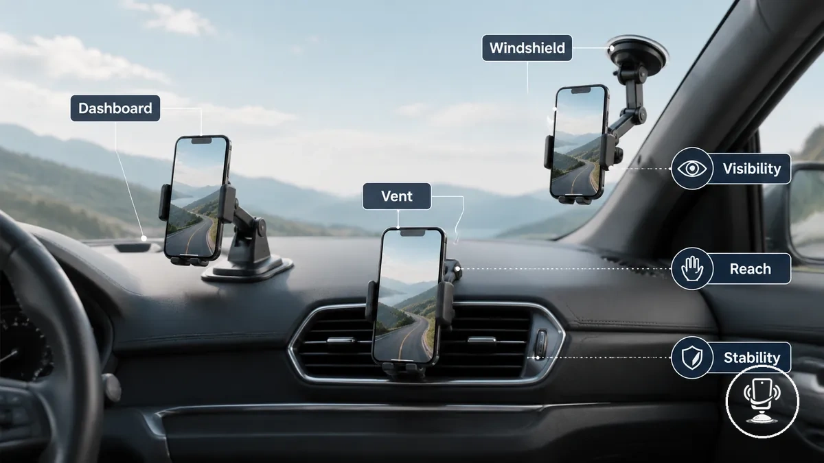 Positions de montage sur tableau de bord, bouche d'aération et pare-brise pour supports téléphone voiture
