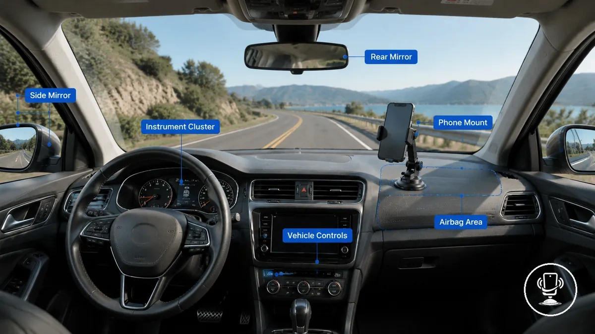 Support téléphone voiture placé à l écarter des rétroviseurs instruments commandes et zones d airbags