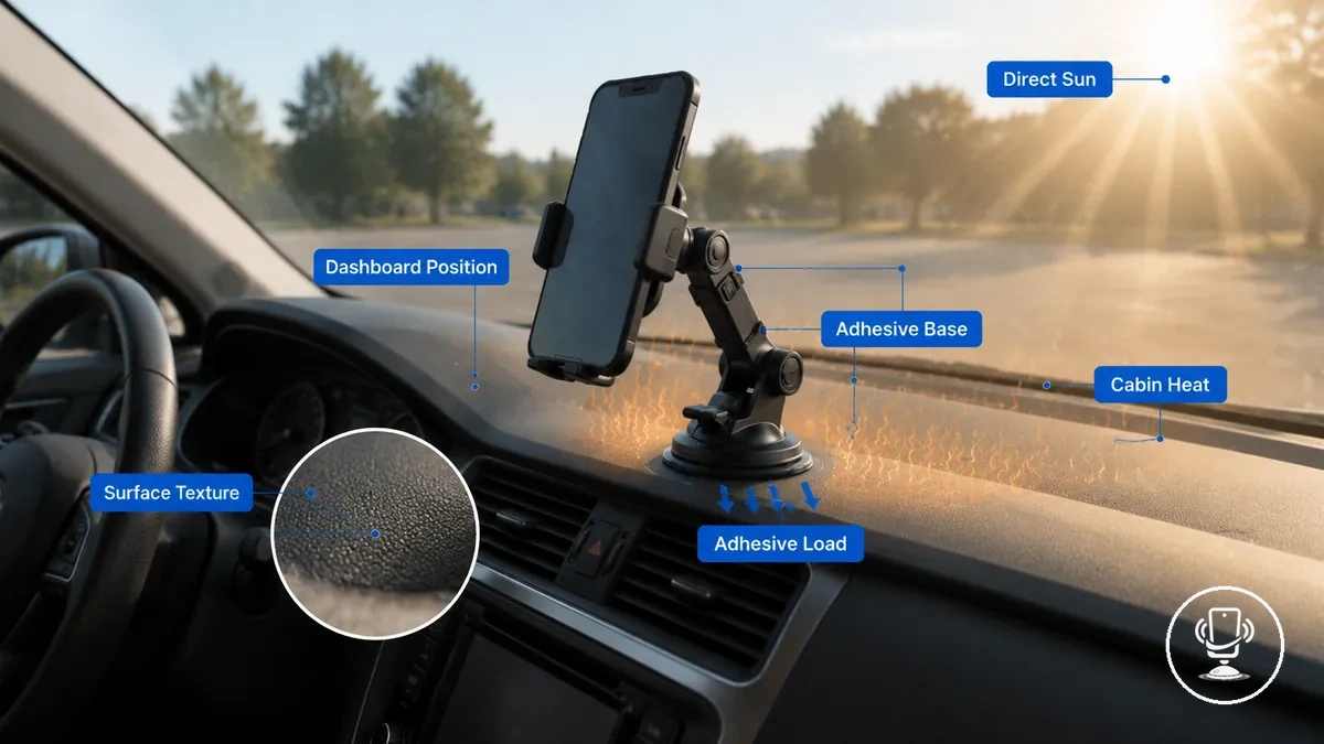 intérieur de voiture annoté montrant la contrainte sur l’adhésif d’un support téléphone sur le tableau de bord sous l’effet du soleil