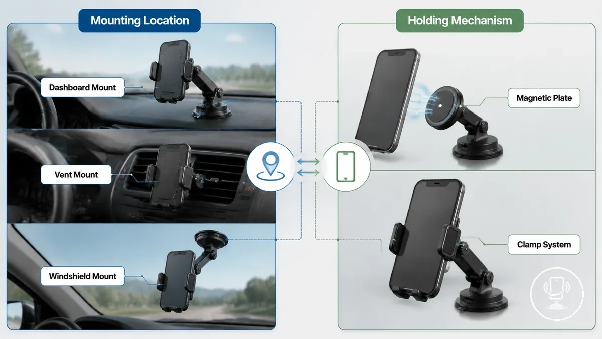 Graphique comparatif montrant les types d'emplacement de fixation de support téléphone voiture versus les mécanismes de maintien du téléphone