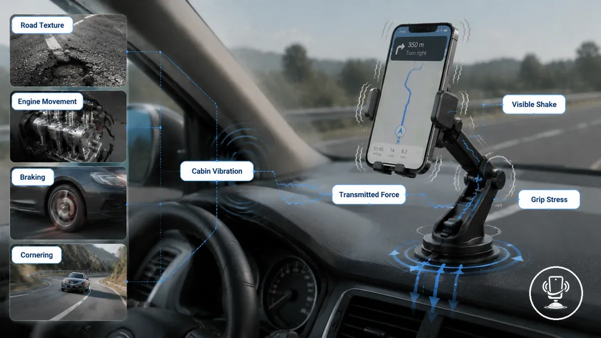 Intérieur de voiture montrant les vibrations de la route affectant le support téléphone avec la direction des forces et les secousses visibles du téléphone