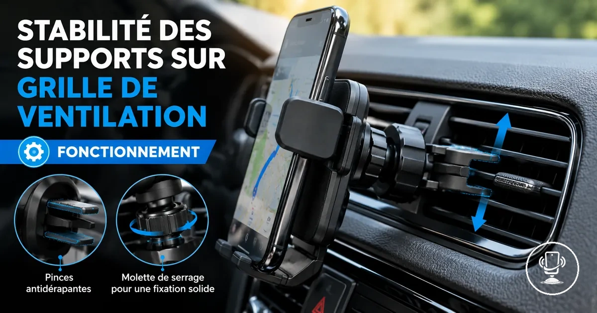 Support téléphone voiture fixé sur grille de ventilation montrant le système de clip et la structure de stabilité