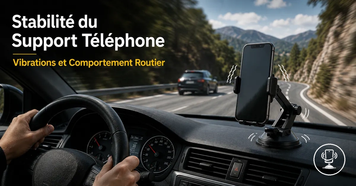 Support téléphone voiture sur tableau de bord montrant la stabilité face aux vibrations et aux mouvements de la route