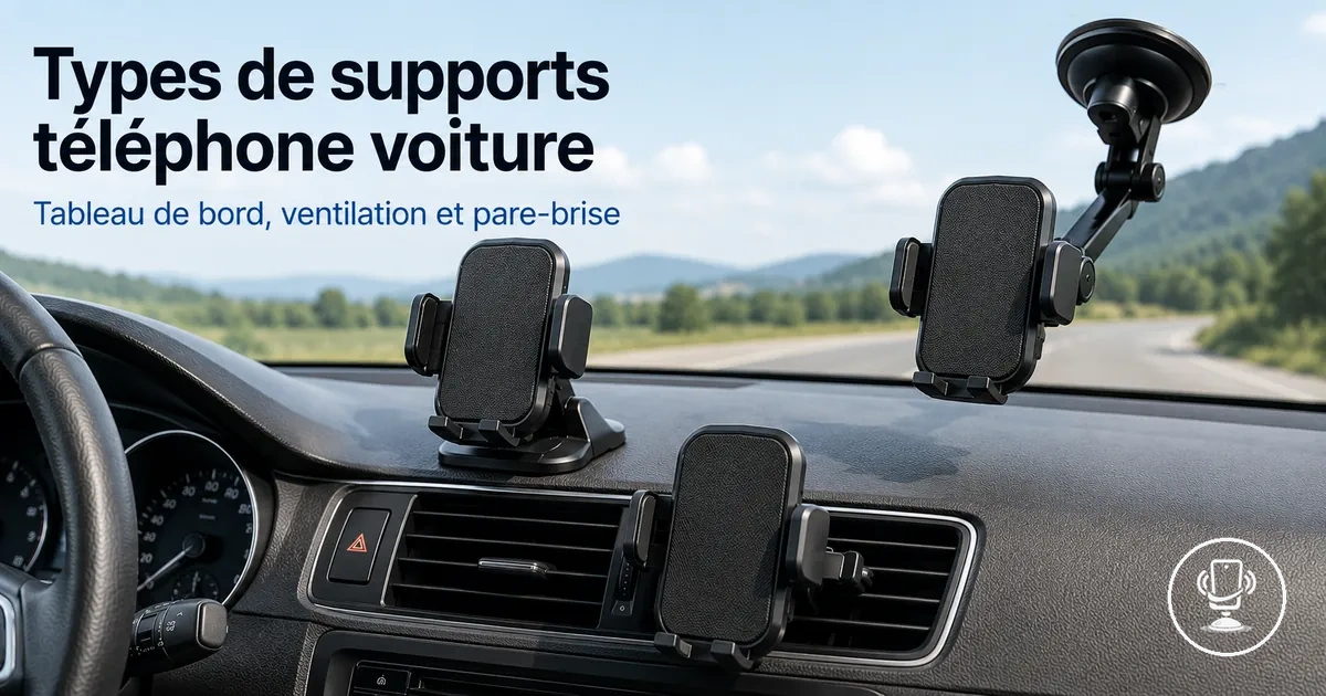 Différents types de supports téléphone voiture incluant tableau de bord, clip ventilation et ventouse pare-brise