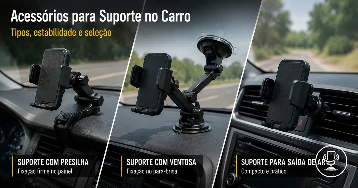 Visão geral de acessórios para suportes de celular no carro mostrando diferentes tipos de fixação e estabilidade no interior do veículo