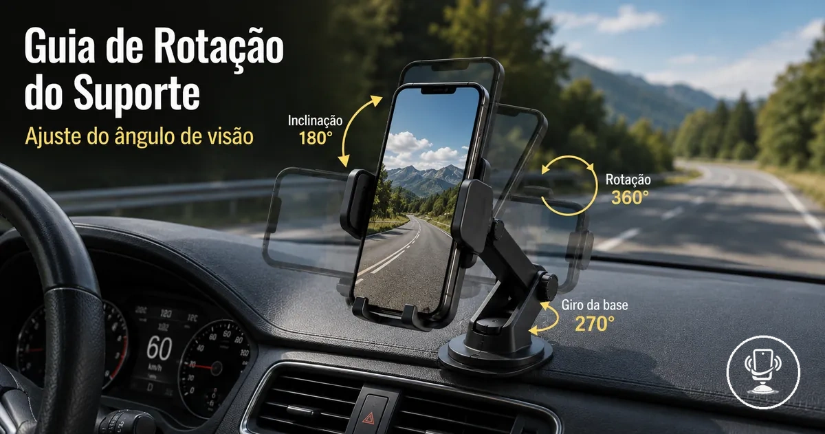 Suporte de celular ajustável no carro mostrando rotação e ângulos de visualização