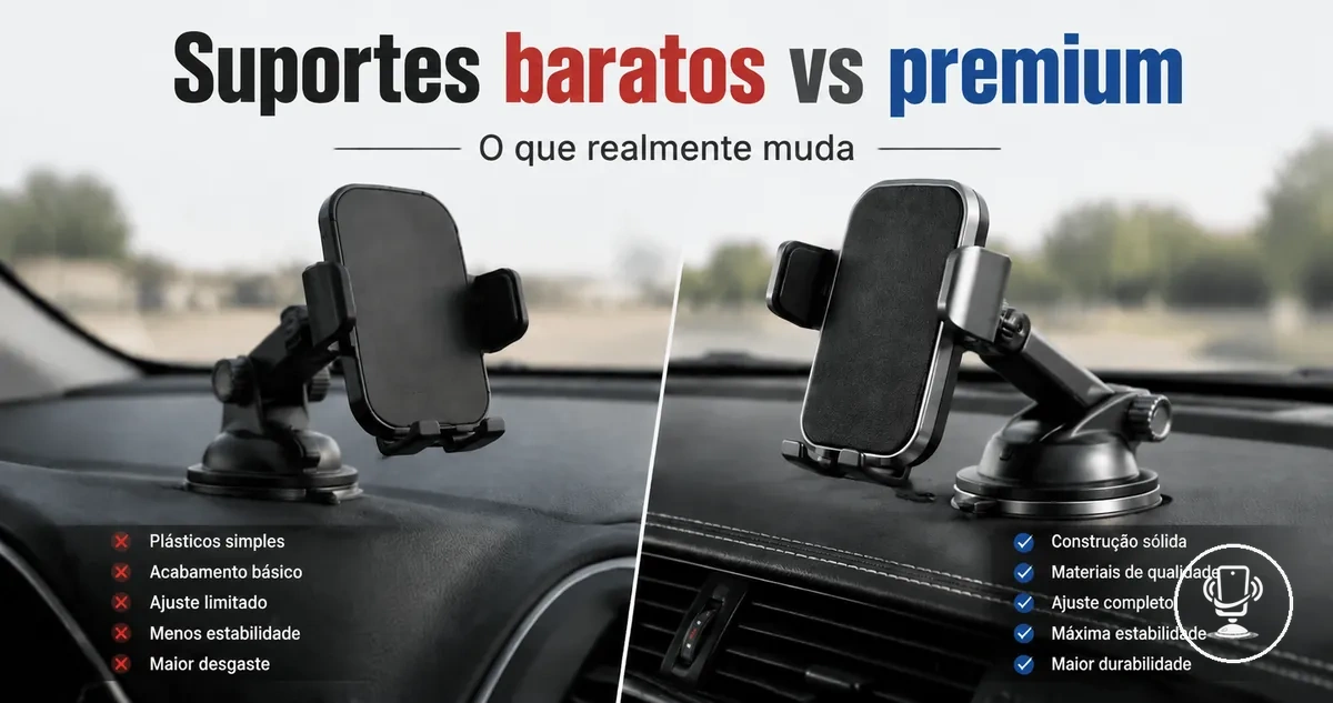 Comparação entre suportes de celular baratos e premium mostrando diferenças de qualidade e estabilidade