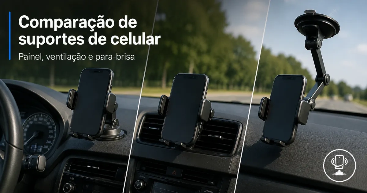 Comparação de suportes de celular no carro entre painel, ventilação e para-brisa no interior do veículo