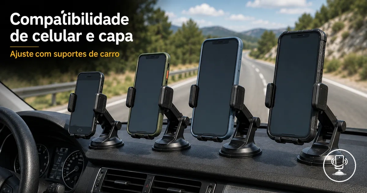 Diferentes tamanhos de celulares e capas encaixando em suporte ajustável de carro