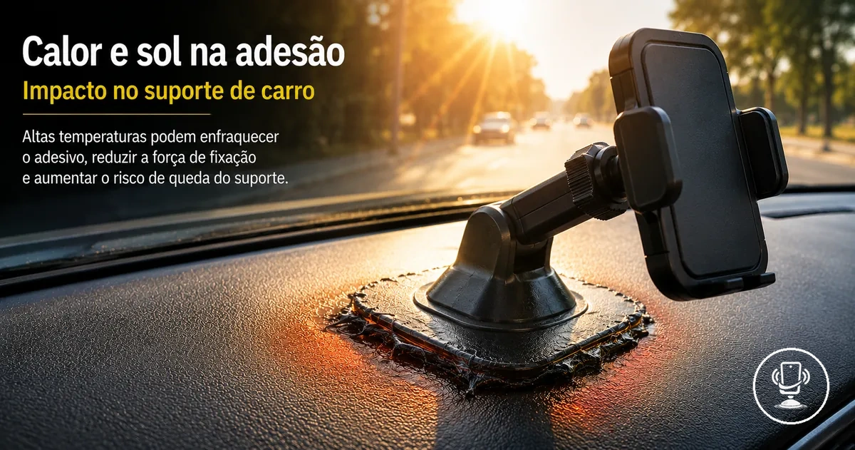 Suporte de celular no painel do carro exposto ao sol mostrando efeito do calor na adesão