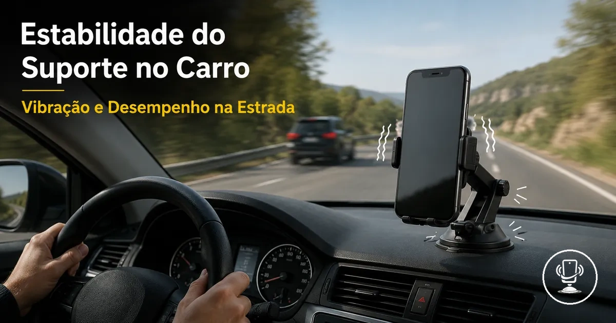 Celular em suporte de carro mostrando estabilidade contra vibrações e movimento durante a direção