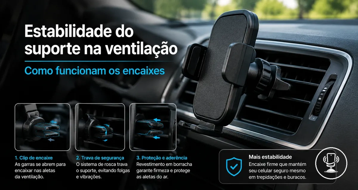 Suporte de celular preso na ventilação do carro mostrando sistema de fixação