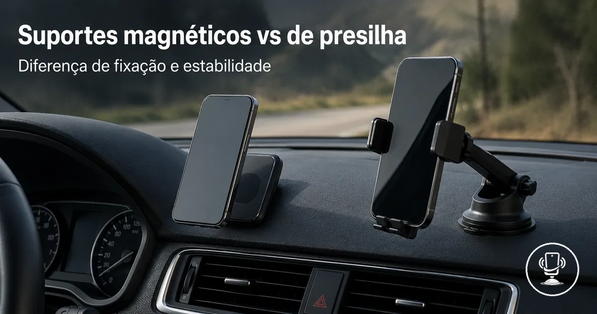 Mecanismos de suportes de celular magnéticos e de presilha mostrando estrutura de fixação
