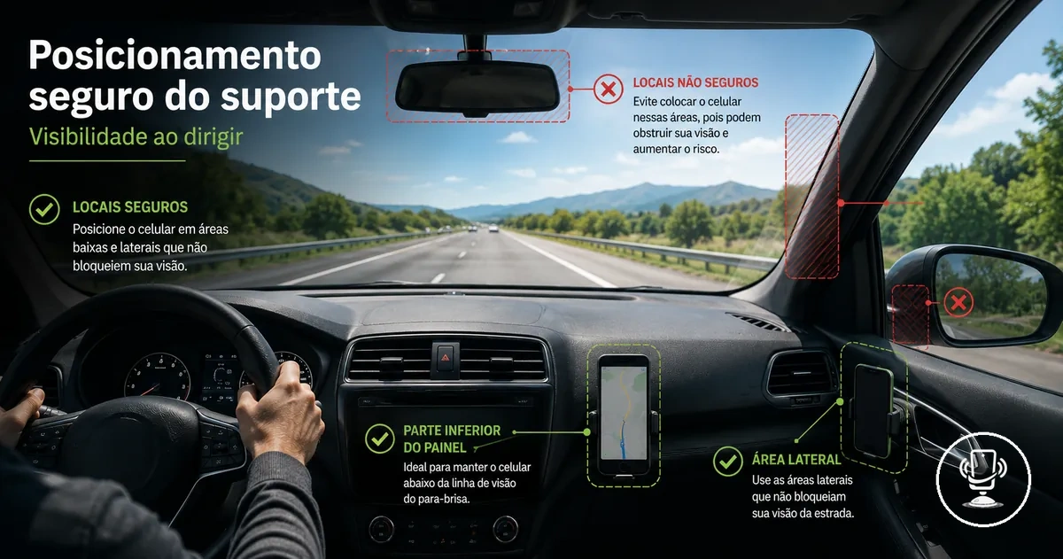 Posicionamento seguro de suporte de celular no carro para manter visibilidade do motorista