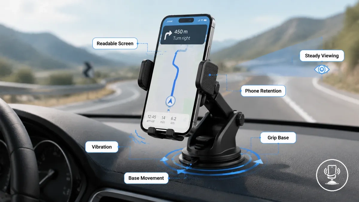 Estabilidade de suporte de celular no carro mostrando base de fixação e posição controlada do celular durante o movimento