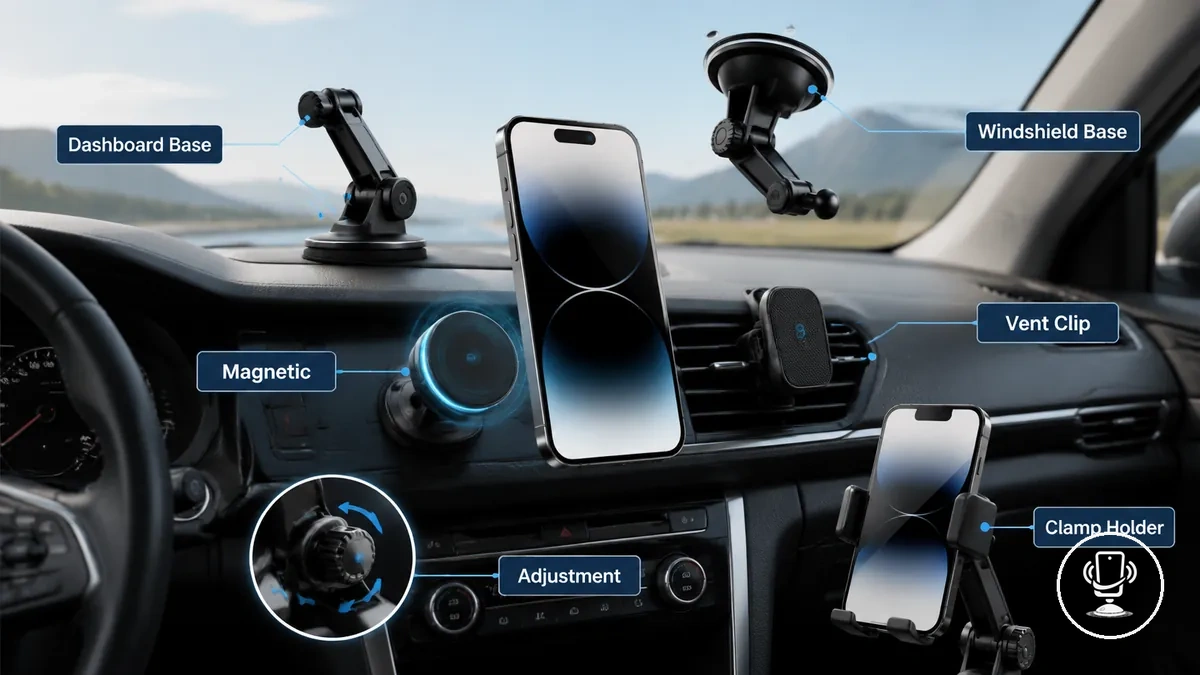 Acessórios para suportes de celular no carro, incluindo opções de montagem no painel, na ventilação e no para-brisa