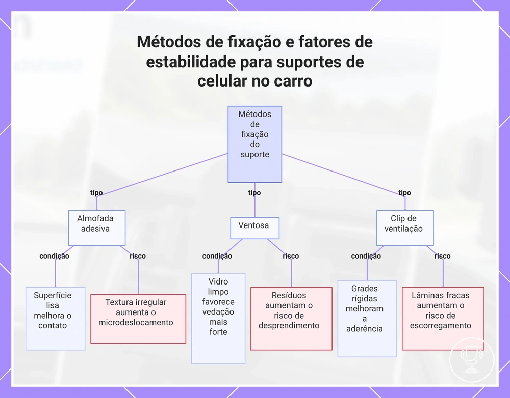 Métodos de fixação e fatores de estabilidade para suportes de celular no carro
