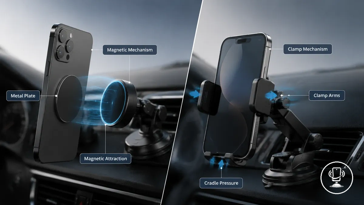 Mecanismos de suportes magnéticos e de presilha mostrando diferentes sistemas de retenção em contexto automotivo