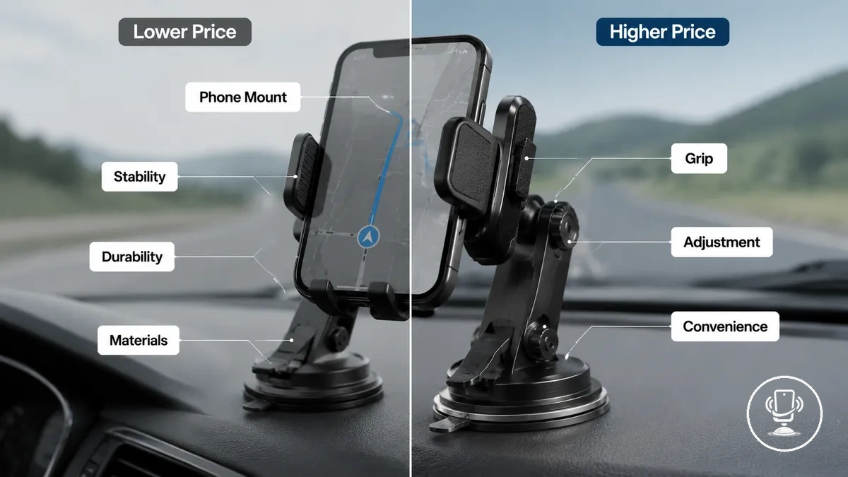 O que preços mais altos geralmente alteram em um suporte de celular para carro, mostrando fatores de valor do suporte