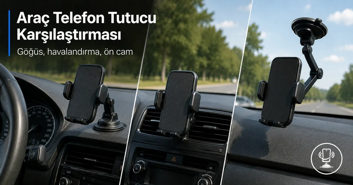 Araç içinde göğüs, havalandırma ve ön cam telefon tutucuların karşılaştırmalı görünümü