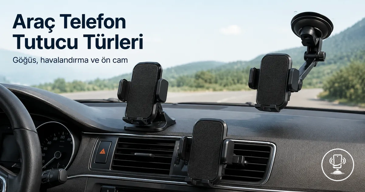 Göğüs, havalandırma klipsi ve ön cam vakumlu sistemler dahil farklı araç telefon tutucu türleri