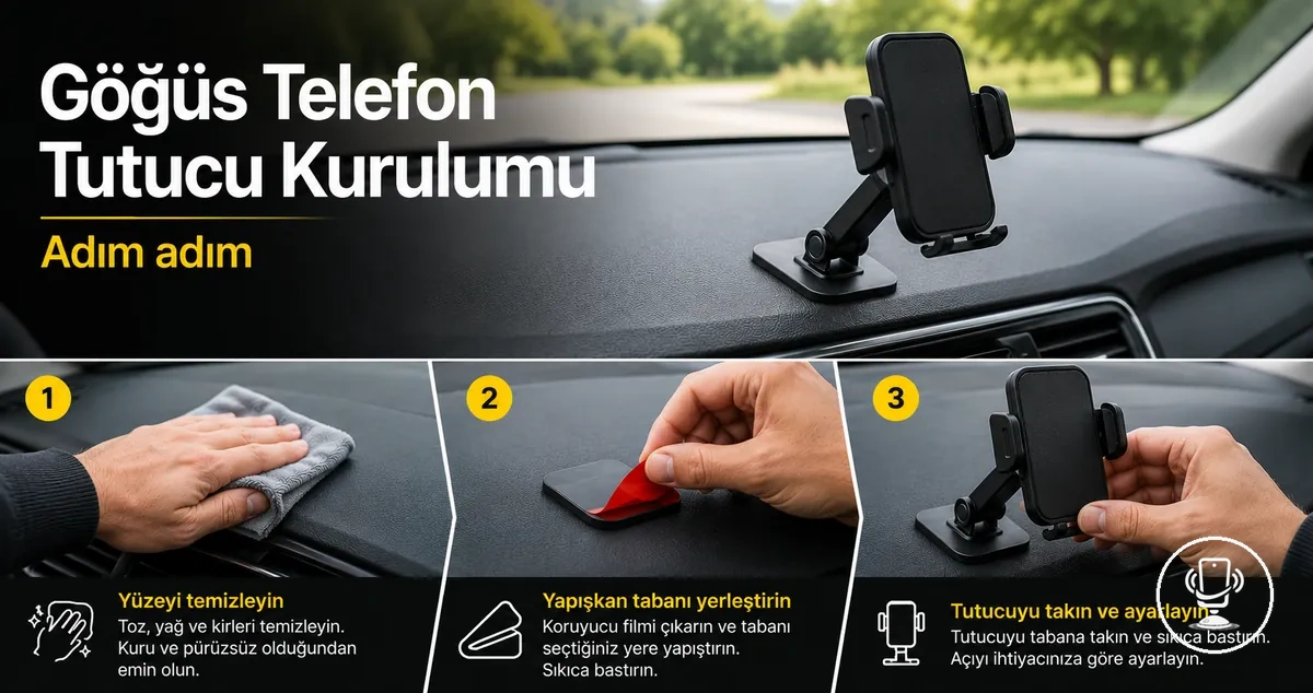 Araç göğüsüne telefon tutucu kurulum adımlarını gösteren görsel