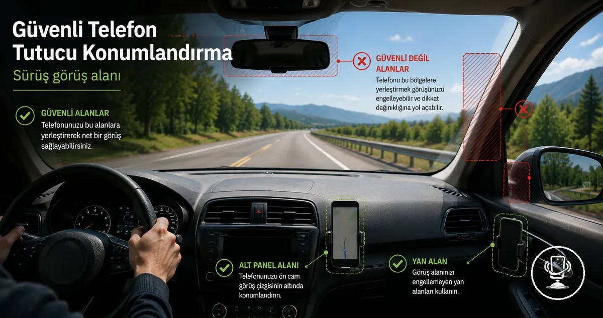 Sürücü görüşünü engellemeyecek şekilde telefon tutucu konumlandırma