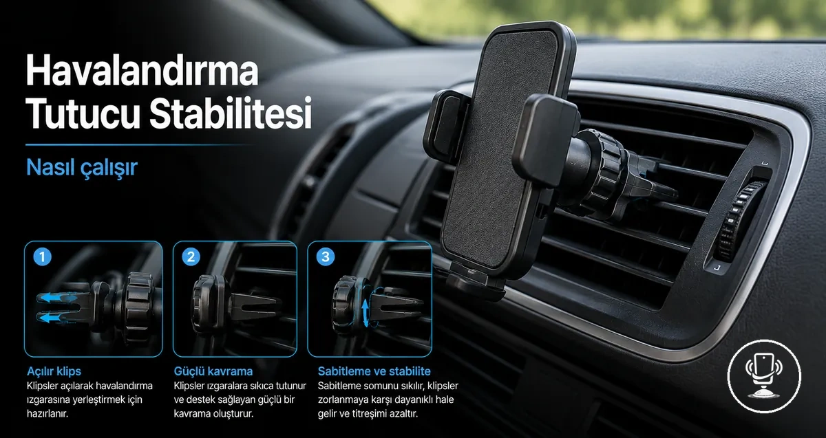 Araç havalandırmasına takılmış telefon tutucu klips mekanizması ve stabilite yapısı