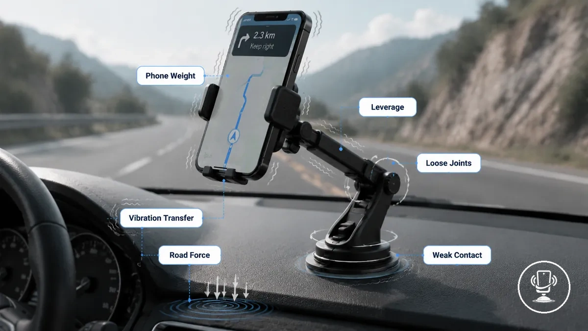 Araç telefon tutucusu sallanmasının titreşim aktarımı ve montaj yapısıyla gösterilen nedenleri