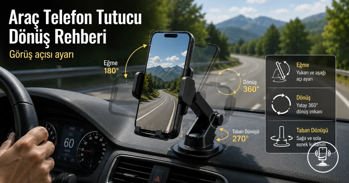 Araç telefon tutucunun dönüş açıları ve görüş pozisyonu ayarlarının gösterimi