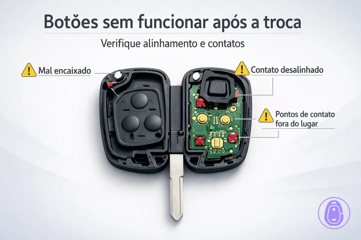 Ilustração de uma carcaça da chave do carro com botões sem resposta, destacando pontos de alinhamento e contato da borracha.