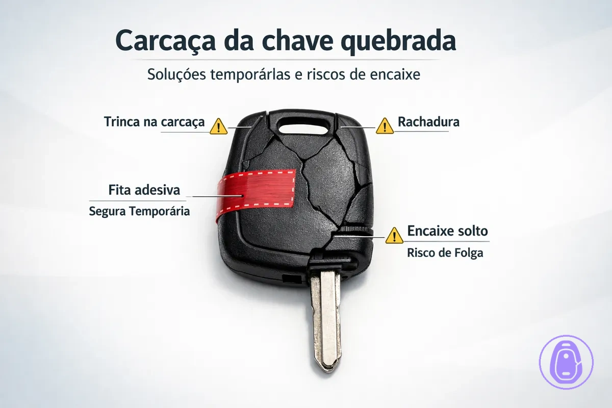 Ilustração de uma carcaça da chave do carro trincada mostrando pontos comuns de quebra e como o encaixe pode mudar.