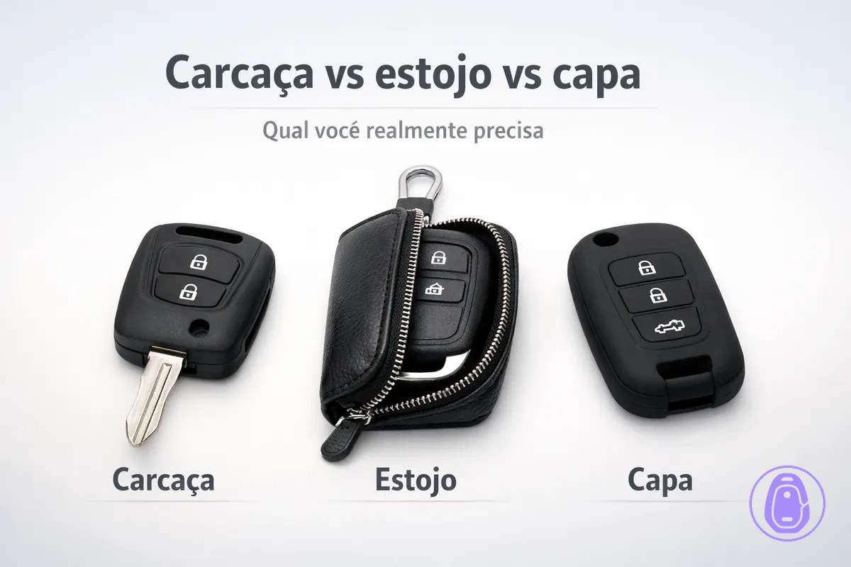 Ilustração lado a lado comparando carcaça da chave do carro, estojo e capa pelo encaixe e pela proteção.