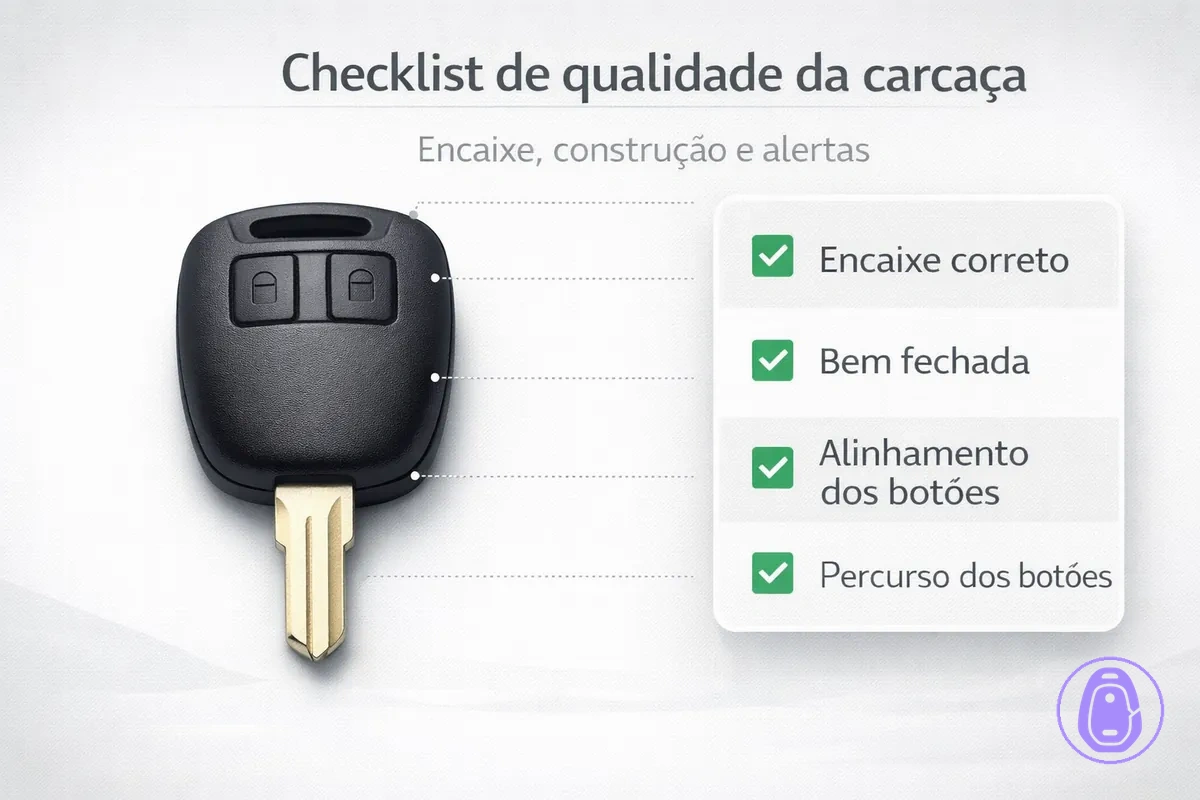 Ilustração de checklist para avaliar a qualidade: encaixe, alinhamento, fechamento e curso dos botões na carcaça da chave do carro.