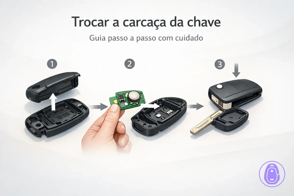 Ilustração passo a passo mostrando como abrir a carcaça da chave do carro e montar novamente após a transferência.