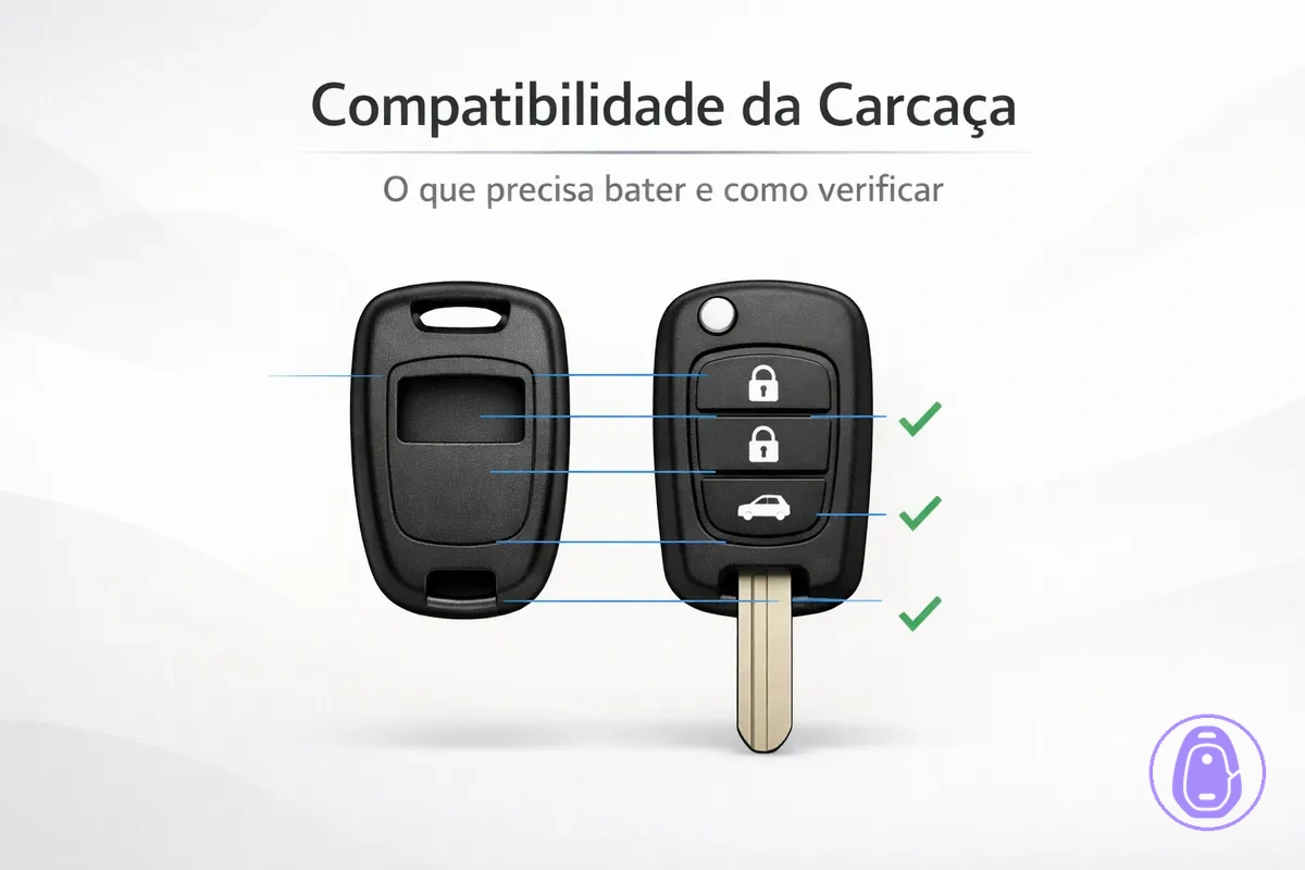 Ilustração de verificação de encaixe para compatibilidade da carcaça da chave do carro: formato, botões e alinhamento da área da lâmina.
