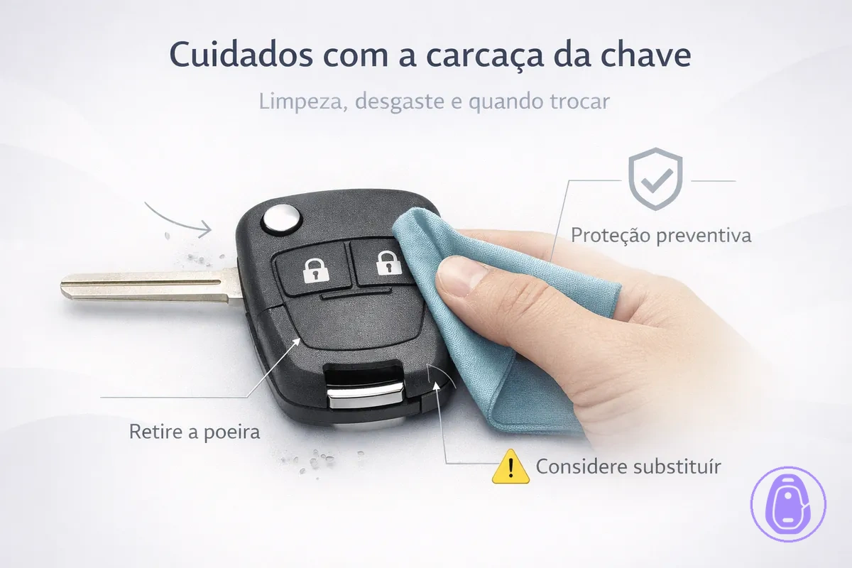Ilustração de cuidados e manutenção para limpar e proteger a carcaça da chave do carro contra desgaste.