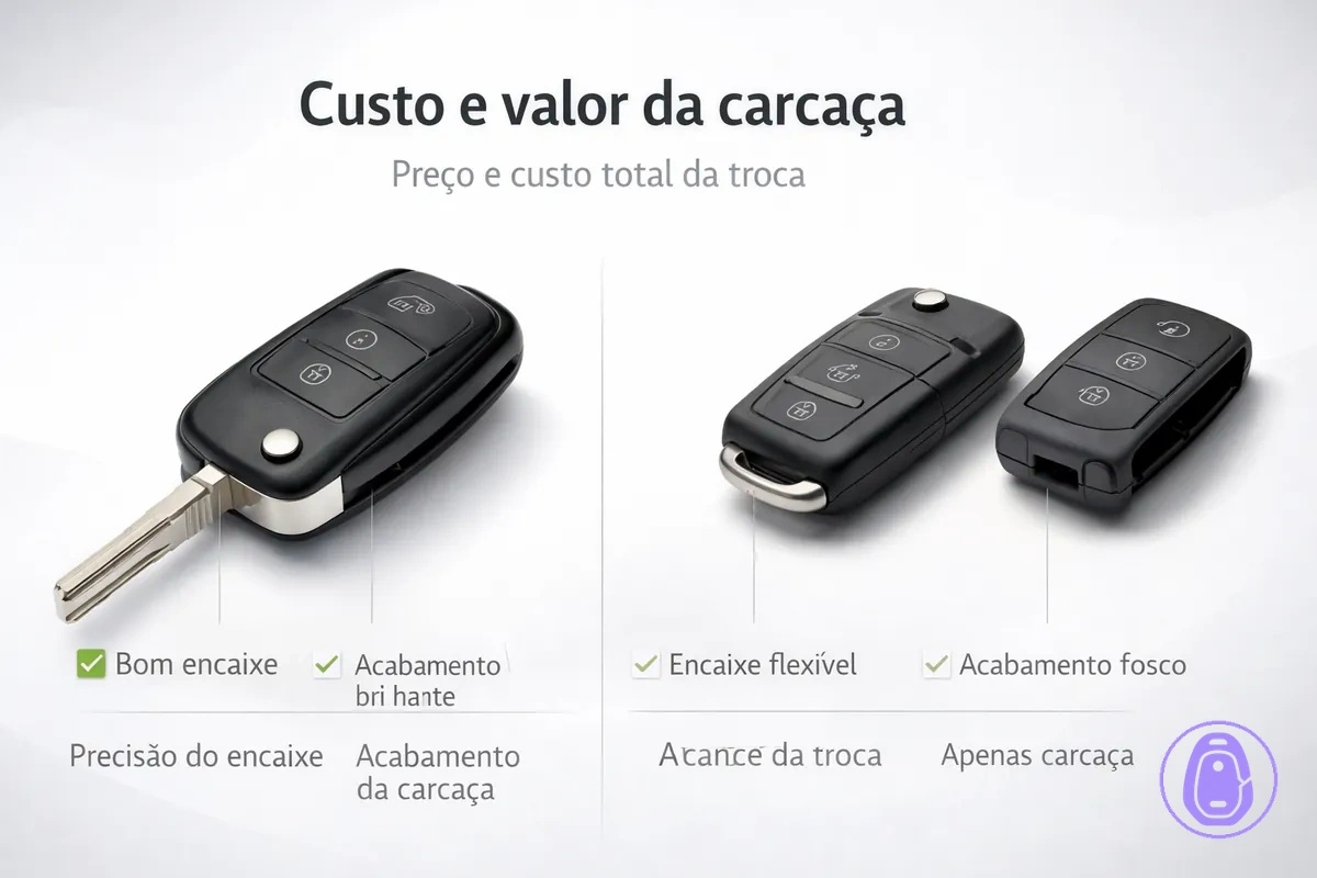 Ilustração comparando custos de carcaça da chave do carro com fatores de valor como precisão de encaixe e durabilidade.
