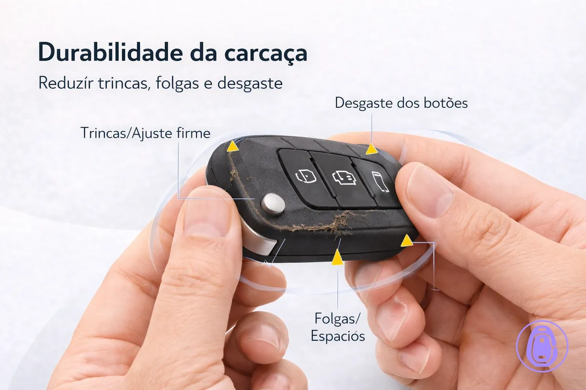 Ilustração mostrando pontos de desgaste na carcaça da chave do carro e como o manuseio cuidadoso reduz danos.