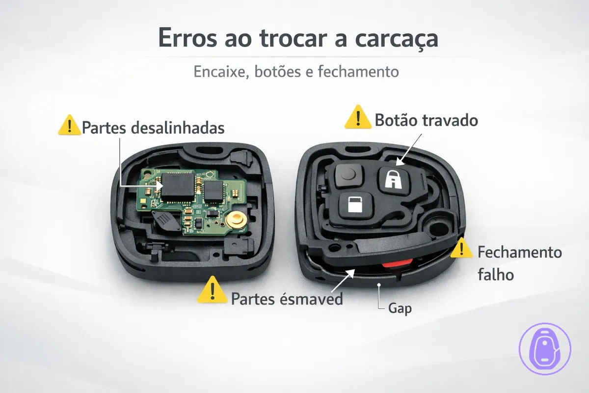 Ilustração destacando erros comuns na troca da carcaça, como peças desalinhadas e borracha de botões presa.