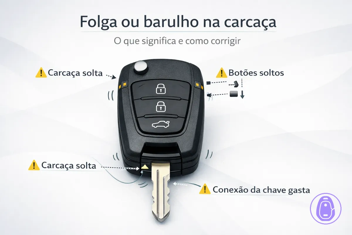 Ilustração mostrando uma carcaça da chave do carro com folga e pontos de movimento que podem causar barulho.