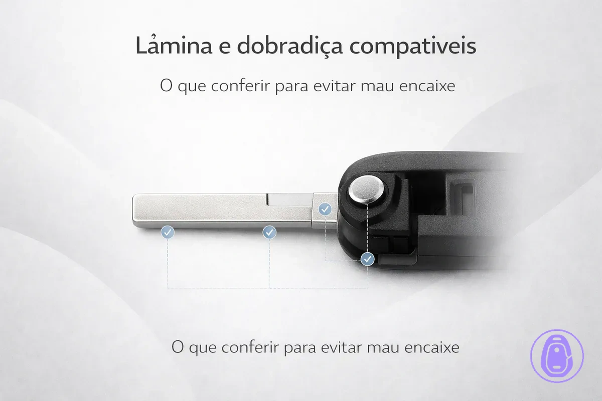 Ilustração em close da área da lâmina e do ponto de dobradiça/pivô para checar compatibilidade da carcaça da chave do carro.