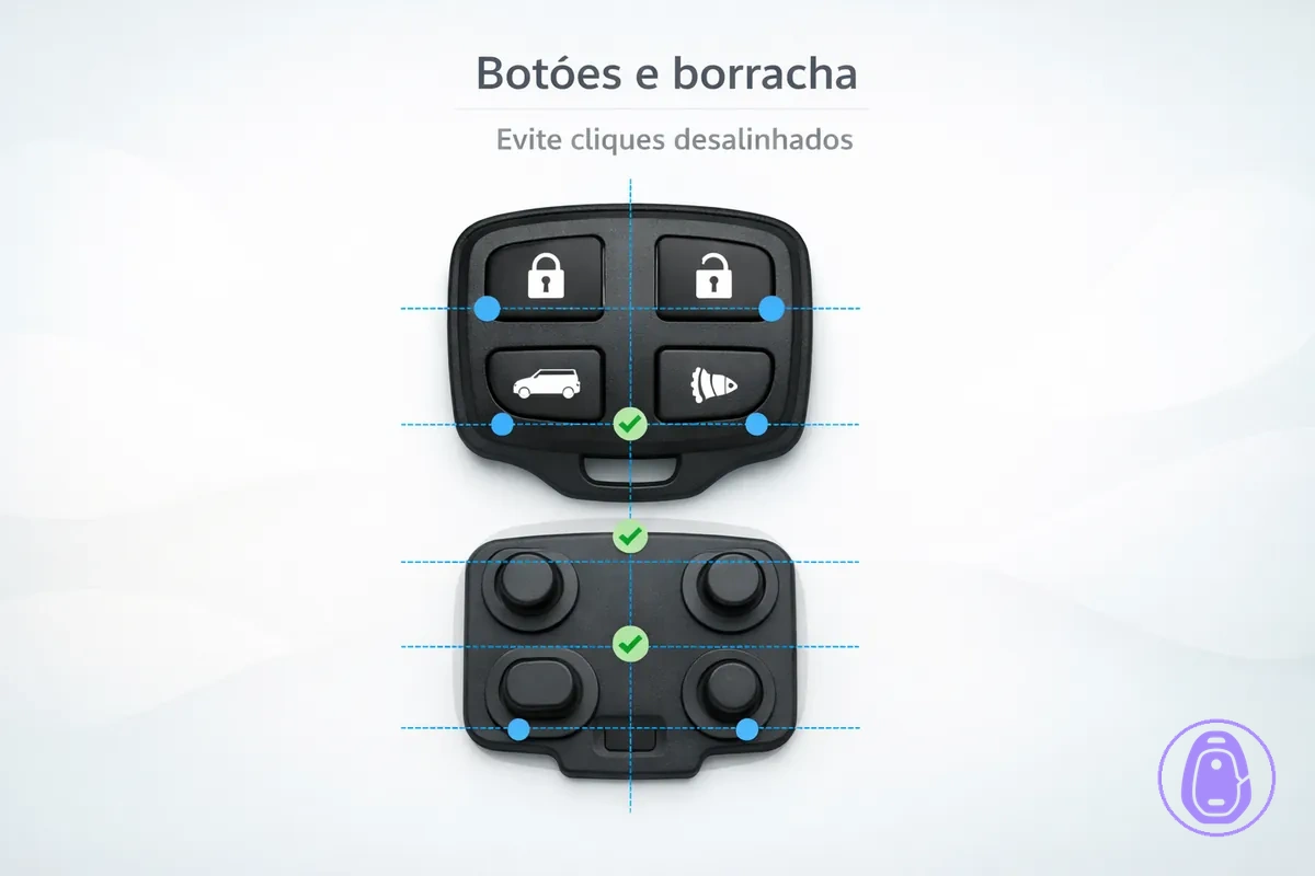 Ilustração em vista superior do layout de botões da carcaça da chave do carro com a borracha de botões correspondente.